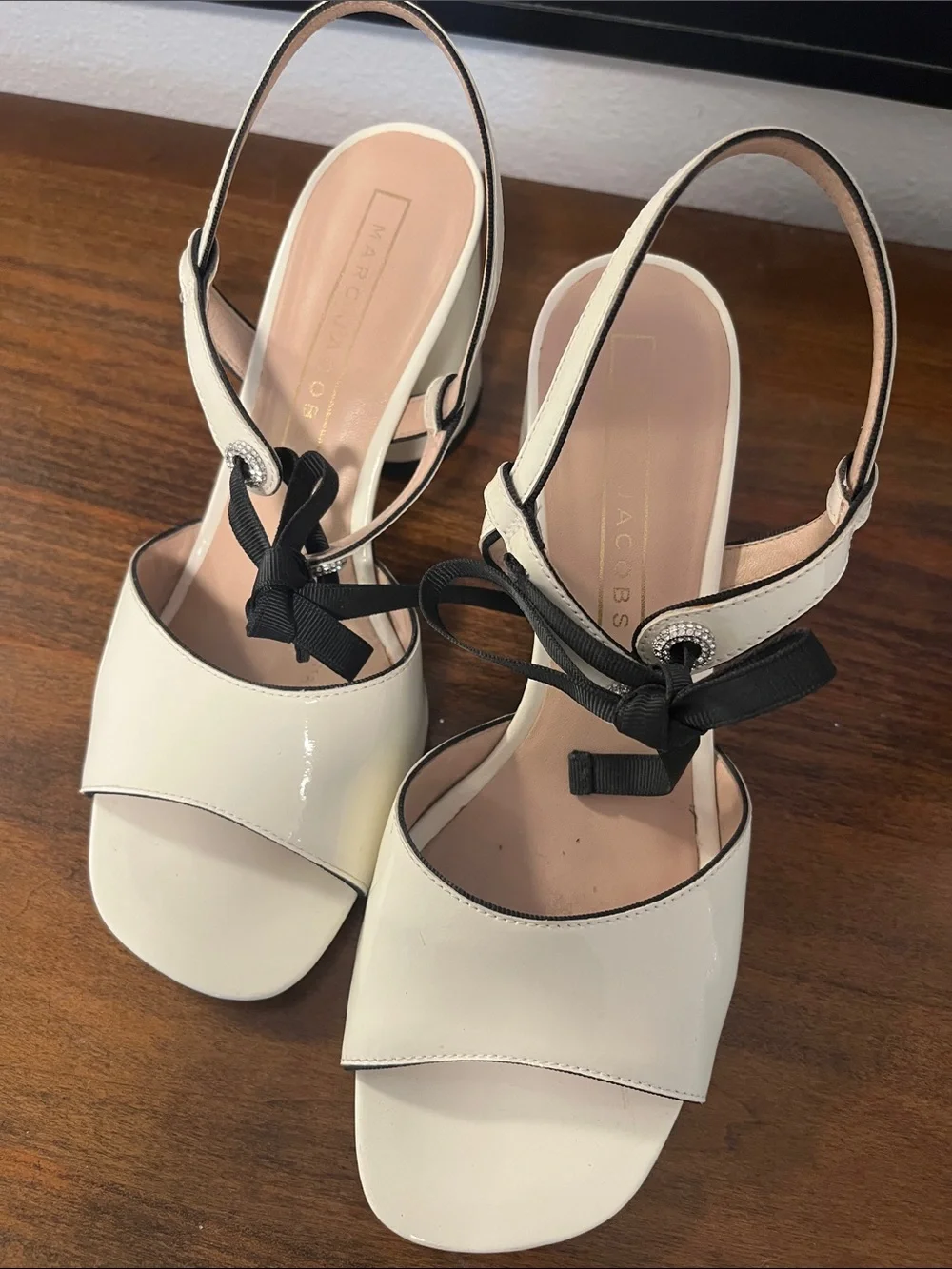 Marc Jacobs Cream Patent Slingback Sandals with Black Ribbon Bow